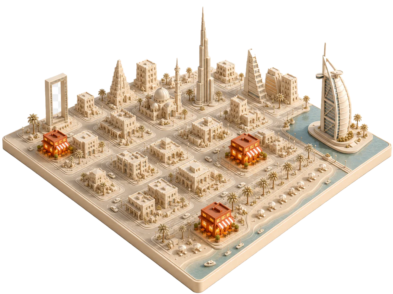 Isometric map of Dubai with the three Al Ijaza cafeterias highlighted